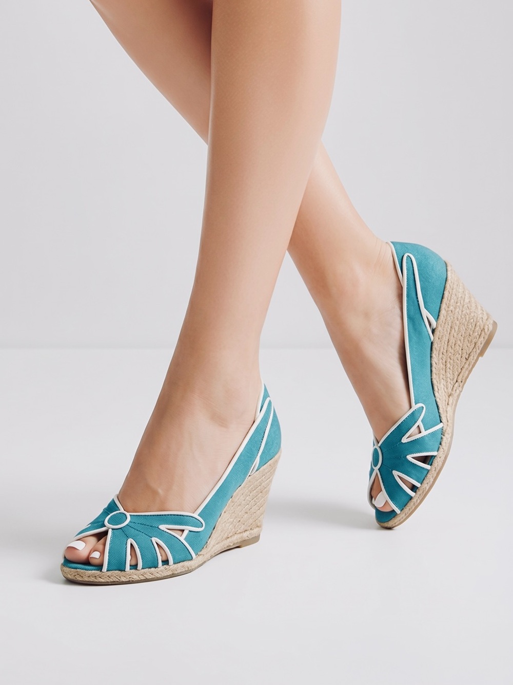 Beacon Women Sz 9W Vintage Canvas Turquoise Open-Toe Espadrille Wedge Heels